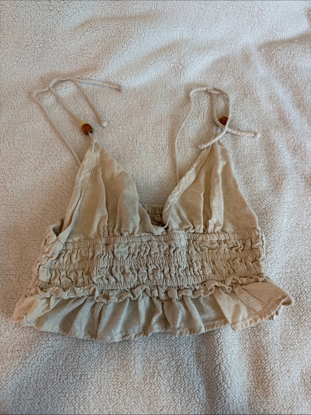 Smocked Ruffle Tie-Strap Crop Top in Cream